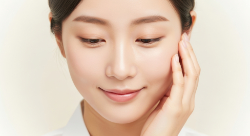 젊은 여자가 얼굴을 만지는 모습