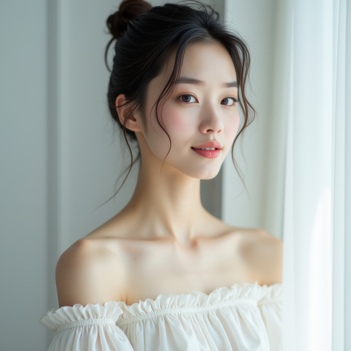 어깨 드러난 드레스를 입은 아름다운 여성