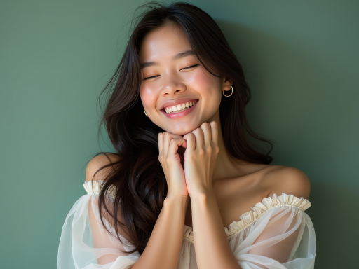 흘러내리는 드레스를 입은 미소 짓는 여성